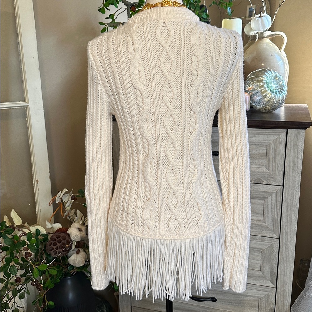 Tory Burch | Valero Fringe Hem Fisherman Sweater in Winter White - Picture 7 of 11